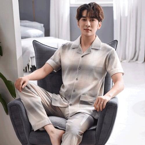 Full Pure Cotton Short Sleeve Men Pajama Sets Cardigan Casual Sleepwear Suit Fashion Mens Pyjamas Summer Spring Male Homewear