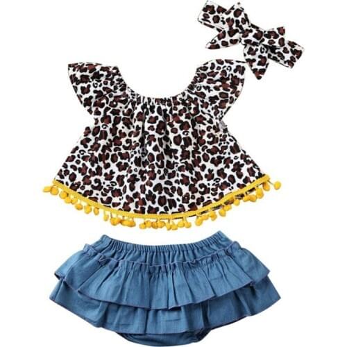 0-24M Newborn Baby Girl Leopard Off-Shoulder Tops Dress+Denim Shorts Pants +Headband 3PCS Outfits Set