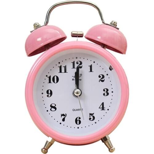 Portable Fashion Classic Silent Double Bell Alarm Clock Quartz Movement Bedside Night Light Best Quality (Pink)