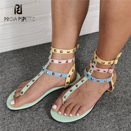 Round-toe Flip-flops Casual Roman Sandals Color-blocking Rivets One-word Buckle Fashionable and Versatile Flat Shoes