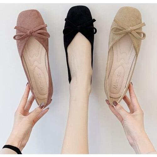 Bow-Knot Shoes Woman Flats Autumn Loafers With Fur Square Toe Shallow Mouth Casual Female Sneakers Modis Butterfly Dress Moccasi