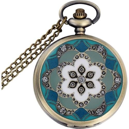 Green Jade Bronze Vintage Quartz Pocket Watch Unisex Necklace Pendant Chain for Men Women CF1042