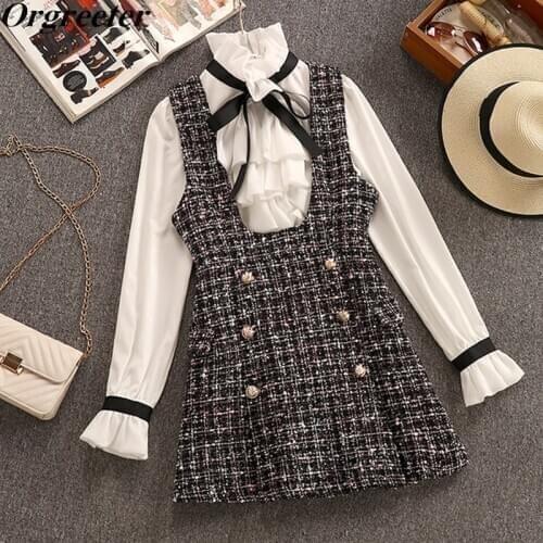 2020 Fall Winter Women Tweed 2 Pieces Dress Set Stand Collar Ruffled Chiffon Shirt +Deep V Double-breasted Plaid Tank Dress Set