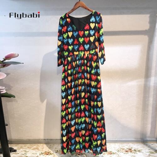 S to XXL Large size High quality 2019 summer New Color heart shape print V-Neck Half sleeve Mid-Calf beach holiday dress women