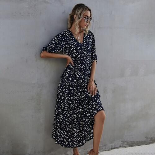 2021 Womens High Waist Maxi Dress Daisy Printing Ruffles Long Spring Dress Shredded Flower Fashion Mujer Vestidos Boho Robes