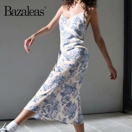 Bazaleas Fashion Backless Tie women dress Summer dress Vintage Blue Floral Print vestido Elegant women midi dresses