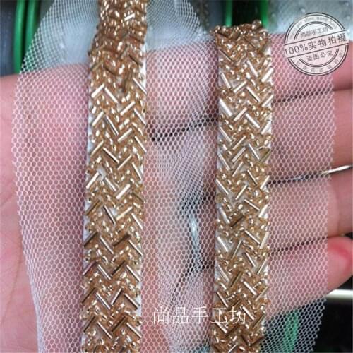 1Yard Champagne Beading Pearl Trims Beaded Ribbon For Sewing Clothing Collar Headdress Accessories Black Mesh Lace Decoration