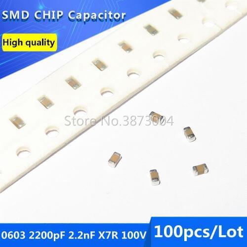 100pcs 0603 2200pF 2.2nF X7R 100V 10% SMD Chip Capacitor