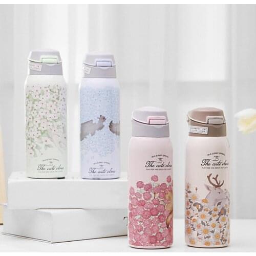 350/480ml Simple Cartoon 304 Stainless Steel Vacuum Flask Insulated Cup Sport Tea Coffee Thermos Hot Water Bottle with Straw