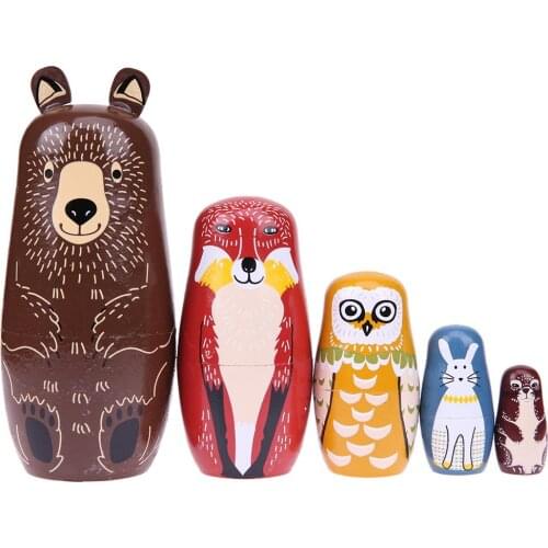 5pcs Wooden Bear Owl Rabbit Pattern Matryoshka Dolls Cute Animal Design Russian Nesting Dolls Baby Story Accessory Toy Gifts