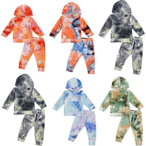 Kids Girls Boys Tie-Dye Printed Clothes Set Long Sleeve Hooded Tops Pants 2PCS Autumn Winter Outfit 5 Colors
