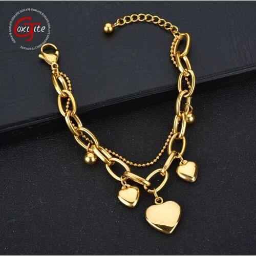 Goxijite Trendy Women Double Layer Bracelet Stainless Steel Three Hearts Gold Charming Bracelets For Women Fashion Jewelry Gift