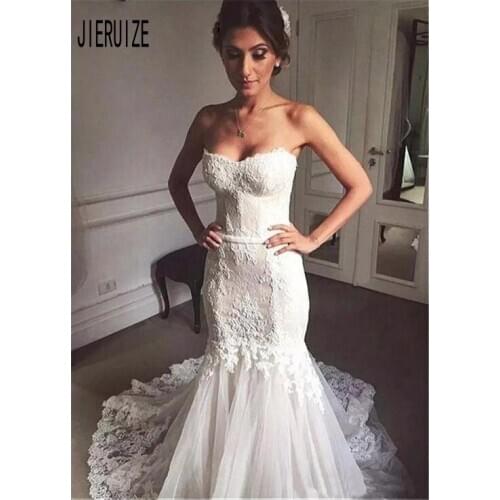 JIERUIZE Luxury Lace Wedding Dresses Sweetheart Neck Mermaid Bridal Gowns Appliqued Button Back Robe de mariée