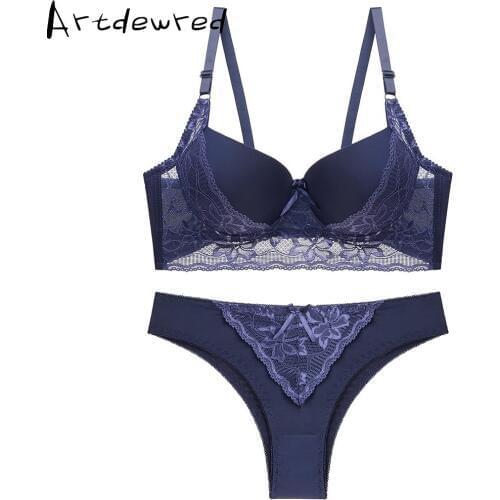 Sexy Push Up Large Size 36-44 B C Cup Women Lace Bra Sets Blue lingerie set Floral Underwear Intimates For women