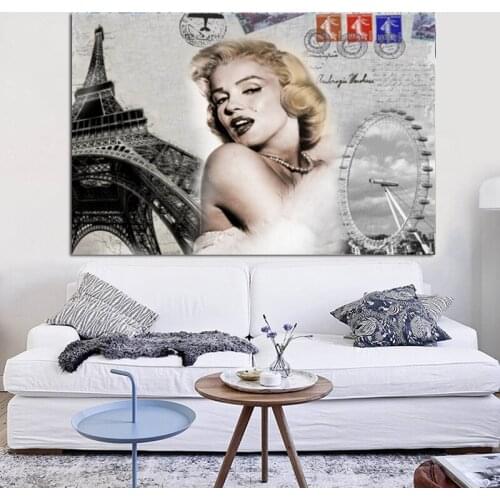 Marilyn Monroe Portrait Paris Eiffel Tower Wall Art Oil Painting Printed on Canvas Modern Home Decor Picture Paintings