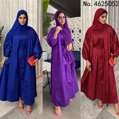 Musulman Ensembles Abaya Dubai Turkey Muslim No Hijab Silk Dress 2021 Elegant 2 Pieces Set Kimono Islamic Clothing Kaftan