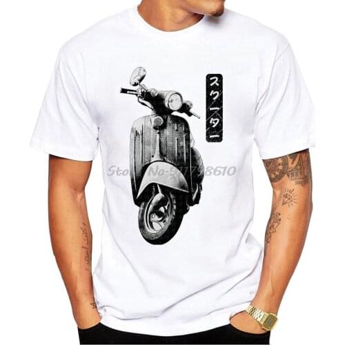 New Summer Fashion Mens Short Sleeve Retro Classic Vespa Scooter Print T-Shirt Hip Hop Boy Casual White Tops Vintage Man Tees