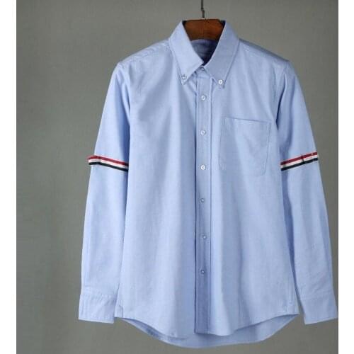 TB THOM Brand Shirt For Men Oxford Embroidery Striped Fashion Cotton Casual Turn-Down Collar Pocket Long-sleeves Formal Business