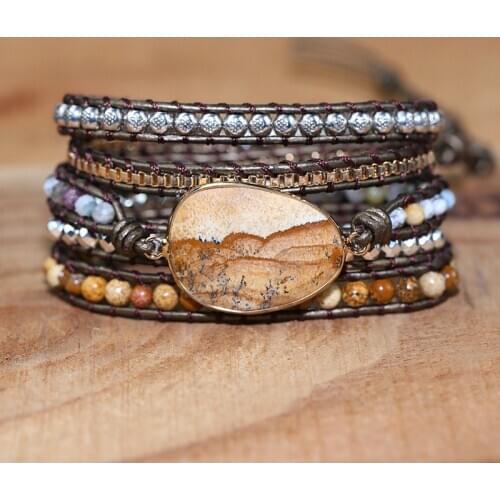 2020 New Arrive PictureStone Wrap Bracelet 5x braid leather bracelet boho style beads DIY gift jewelry drop shipping