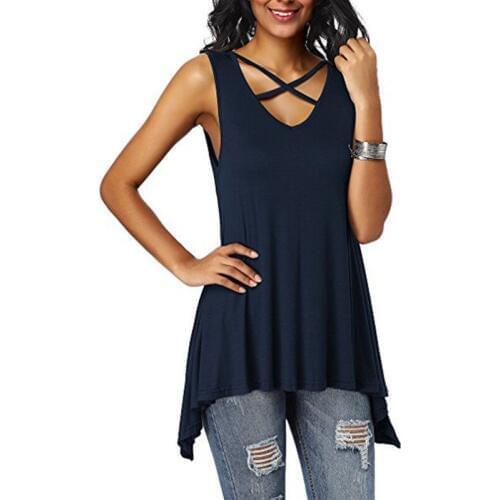 Phertiful New Arrival Fashion Splicing Solid Tshirt Women T-shirt Sleeveless Tees Ladies V-Neck Cross Plus Feminino Pullovers