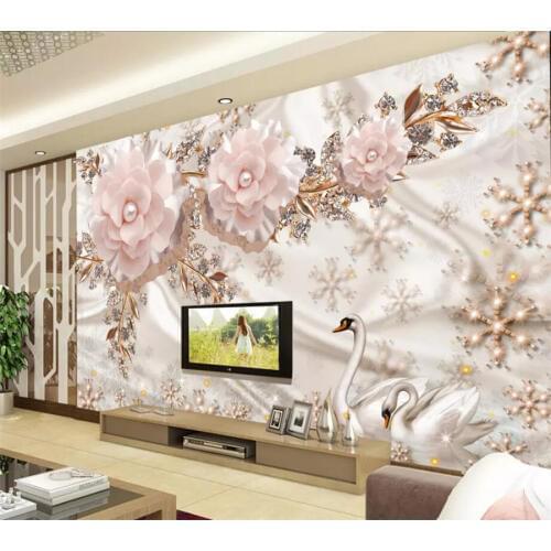 Beibehang Custom wallpaper 3d murals luxury European swan jewelry flower TV background wall paper 5d mural 8d crystal wallpaper
