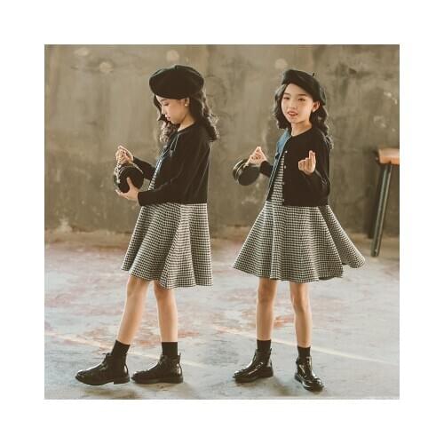 6-10 year girl baby spring and autumn new childrens dress fashion sweater plaid vest dress princess baby two-piece suit