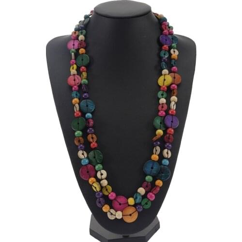 Bohemian ethnic Long necklace wood Beads jewelry Vintage statement multicolor necklace women handmade coconut shell jewelry