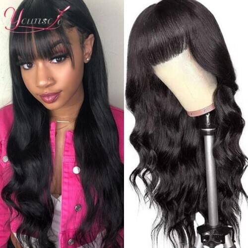 Younsolo Body Deep Wave Wigs With Bangs Natural Black Peruvian Remy Human Hair 100% Human Hair Wig 28Inch Woman Wholesale Price