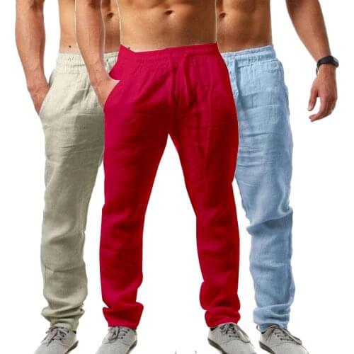 Straight Pants Loose Cotton Linen Pants Mens Breathable Solid Color Trousers Sports Streetwear Mens Wear