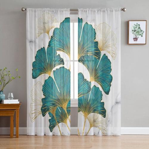 Luxury Tulle Curtains Marble Ginkgo Biloba Living Room Kitchen Chiffon Curtain Youth Bedroom Sheer Floor Valance Curtain