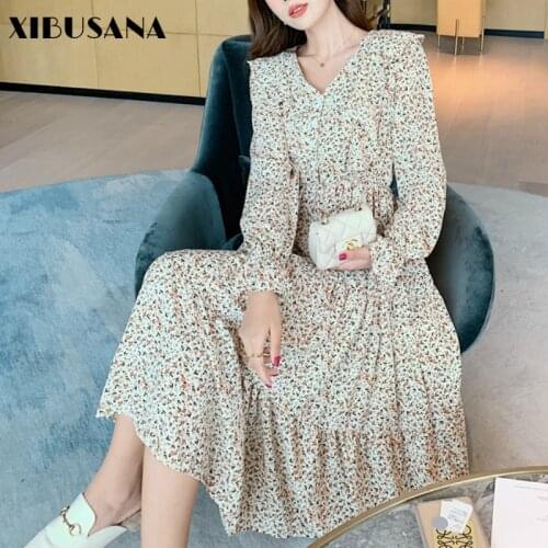 XIBUSANA Chic Retro Floral Printed Chiffon Dress 2021 Women Spring Long Sleeve V-Neck Female Casual Midi Dresses A-line Vestido