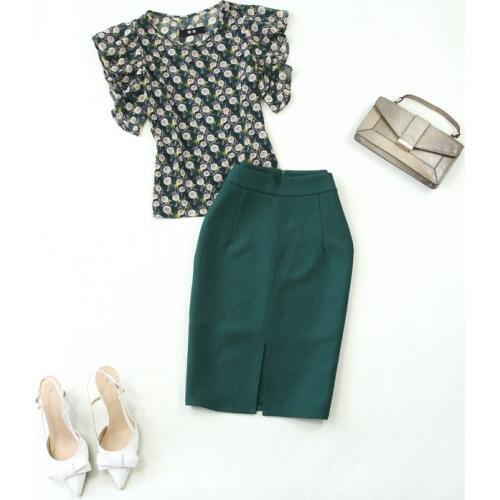 2 piece set women female summer new printed chiffon thin small shirt and dark green bag hip pencil skirt two-piece suit