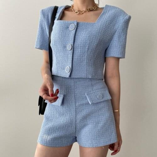 Vintage Tweed Matching Sets Short Sleeve Single-breasted Crop Top Shots Two Piece Set Women Thin Woolen Jacket Short Pants Suits