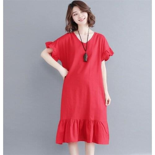 Red Sexy V-neck Ruffle Sleeve Lady Loose Dress Women Elegant Retro Party Pleated Hem Slit Dresses Black Vestidos Plus Size 7XL