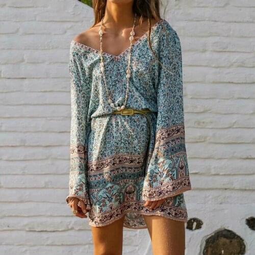 Happie Queens women floral print beach Bohemian loose mini dress Ladies deep v-neck rayon cotton Boho dress vestidos