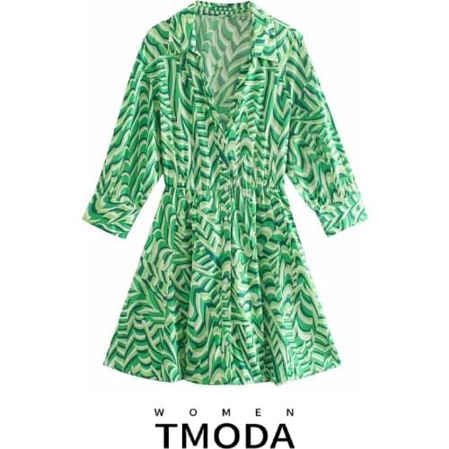 TMODA1586 Za 2021 Summer Women Floral Print Green Shirt Dress Vintage Long Sleeve Pleats Office Lady Fashion Mini Dresses Female