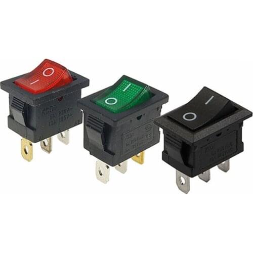 10PCS/Lot KCD1-102 Rocker Switch 3 Feet 2 FIles 6A/250V 10A/125V Black Green Red With Light
