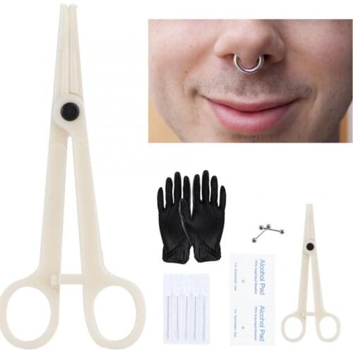 11 Pcs of Set Body Piercing Tool Kit Nose Navel Nipple Needles Set Tatoo Machine Body Jewelry Piercing Rings Clamp Gloves Set
