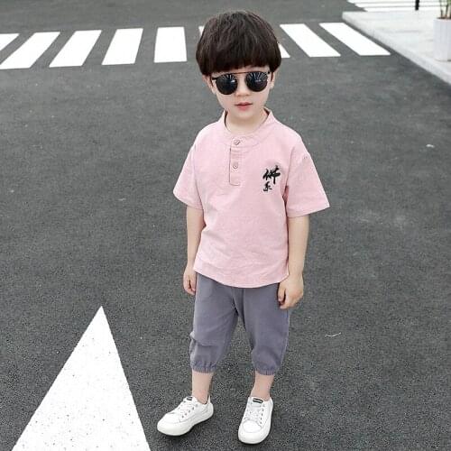 Kids boys summer cotton Chinese wind 2pcs suit new short-sleeved T-shirt shorts new big virgin shirt 4-12 years old