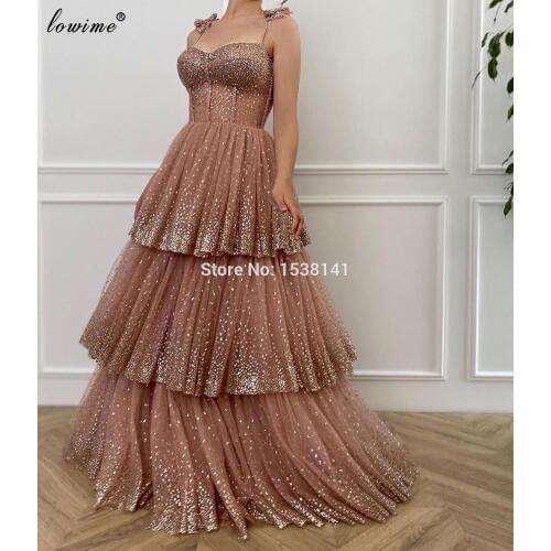 Elegant Brown Celebrity Dresses 2020 Glitter Spaghetti Tiered Red Carpet Runaway Dresses Girls Pageant Dresses Daily Wear