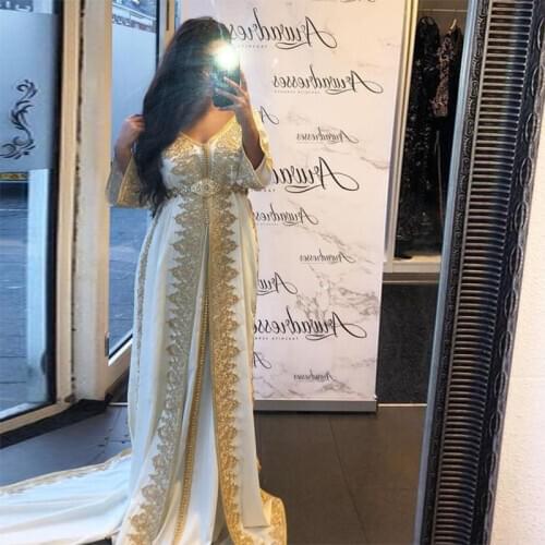 Graceful White Moroccan Kaftan Evening Dresses V-Neck Long Sleeve Appliques Dubai Prom Dress Arabic Muslim Party Dress Custom