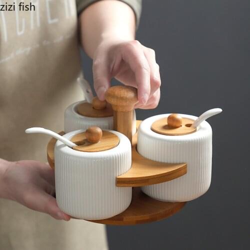 Japanese Style White Ceramic Seasoning Pot with Bamboo Wooden Stand Kitchen Salt Chili Pot Sugar Pepper Shaker Home Decoration