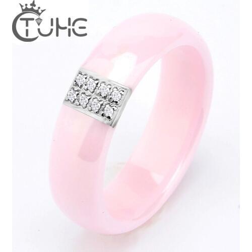 Hot Sale Pink Ring Women Stainless Steel Silver Plated Pink Ceramic Ring 6mm Natural Stone Brand Ring For Women Anniversary Gift