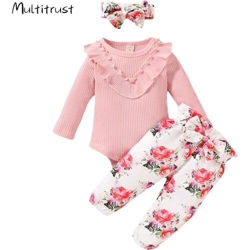 3 Pcs Newborn Floral Print Outfits 2020 Infant Solid Color Long Sleeve Round Neck Ruffle Bodysuit Bow Trousers Headband 3pcs