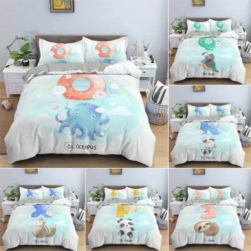 2/3Pcs Cartoon Print Duvet Cover Bedding Set Letter Animal Pattern Quilt Cover King Queen Twin Size Bedclothes Home Decor
