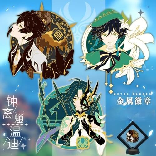 Game Genshin Impact Cosplay Metal Badge Venti Xiao Zhongli Handmade Emblem Paint Spraying Lapel Pins Button Brooch Souvenir Gift