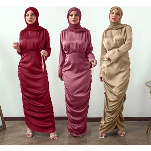 Eid Fashion Satin Like Muslim Dress Dubai Abaya for Women Long Sleeve Ruched Hijab Dresses Party Gown Islam Musulman Turkey Robe
