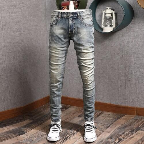 Italian Style Fashion Men Jeans Retro Wash Elastic Slim Fit Denim Pants High Quality Classical Vintage Designer Long Trousers