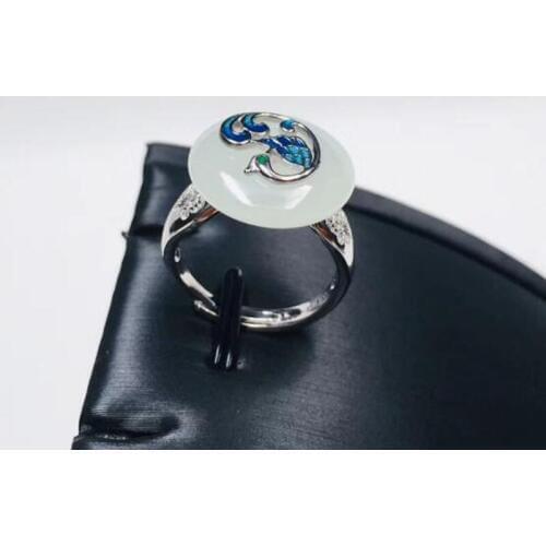 Mens and Womens 925 Silver Jewelry Retro Party Natural White Jade Round Shape Inlay Peacock Pattern Ring Gems 16x16MM