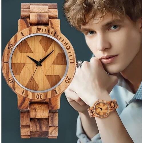 Men Simple Artistry Geometry Dial Quartz Movement Wooden Watch Dark Brown Zebra Stripe Strap Wrist Watches Top Brand Timepieces